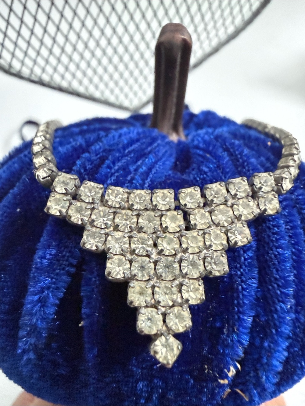 Rhinestone Triangle Pendant Necklace and Drop Pieced Earrings - Silver Tone